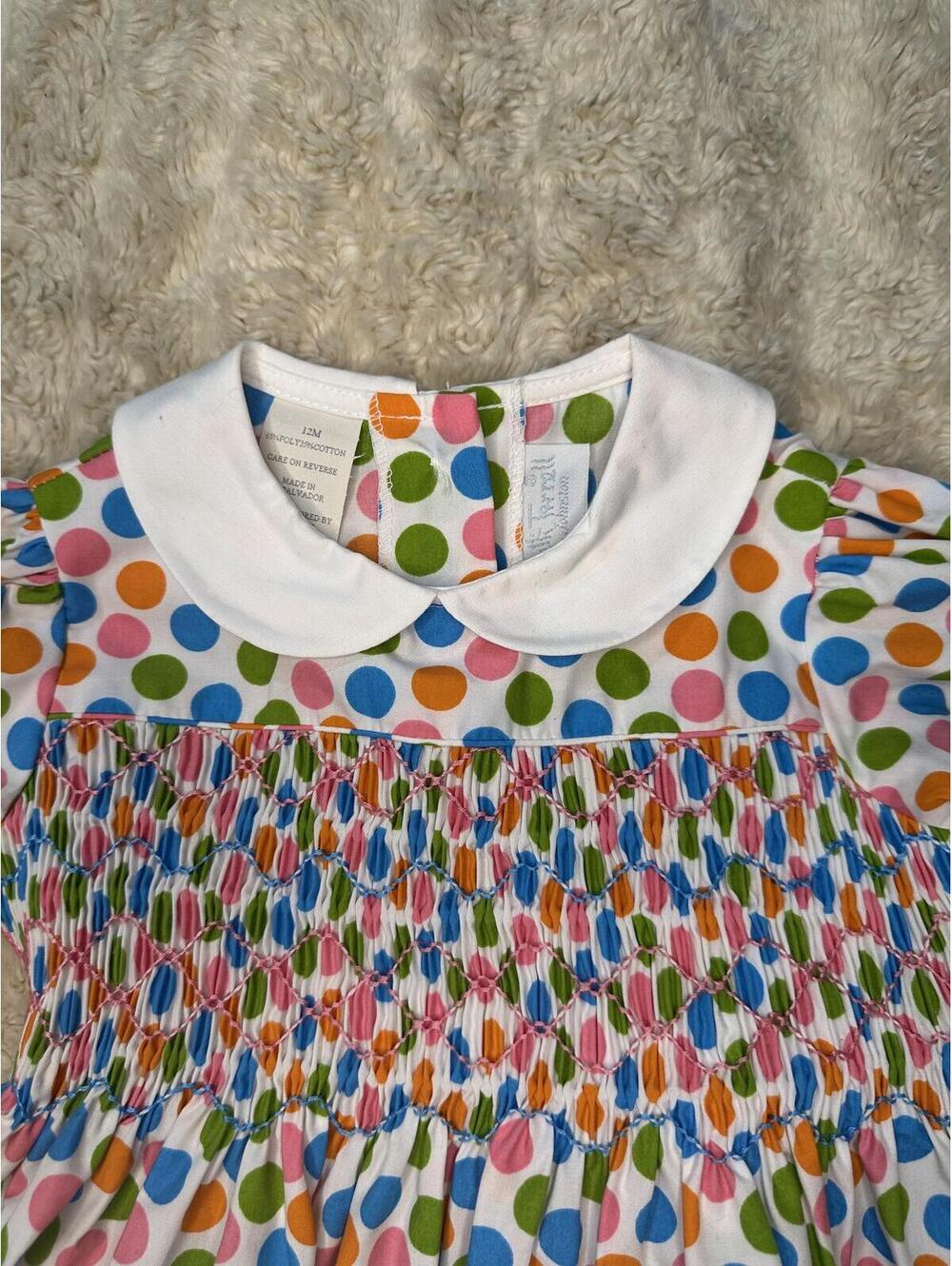 Beaufort Bonnet Company 'Dottie' polka-dot Peter Pan collar smocked dress 12M - Picture 2 of 9